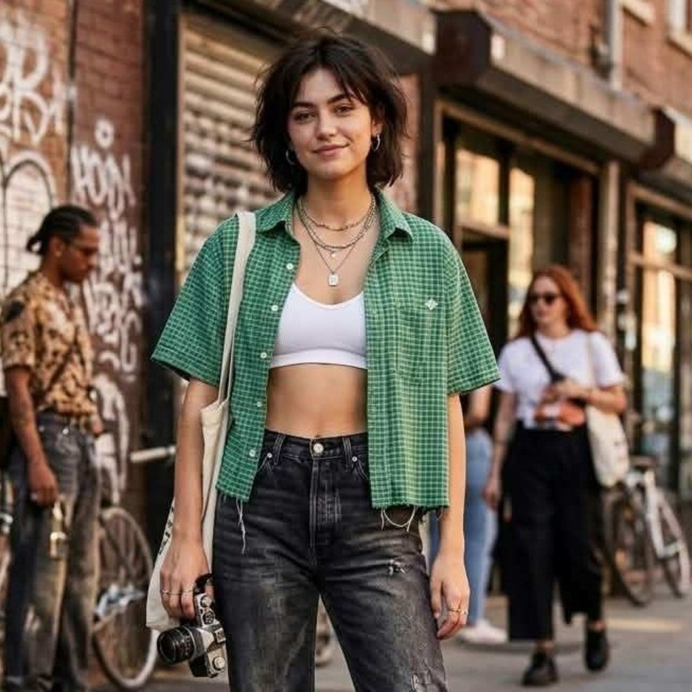 Urban Outfitters Green Plaid Raw Hem Cropped Short Sleeve Button Down CottonM